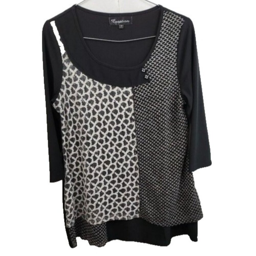 Creation Tunic Top Womens Small Black‎ Mesh Overlay 3/4 Sleeve Wearable Art